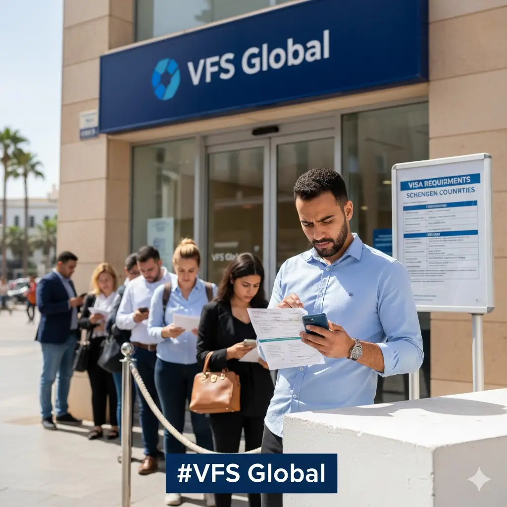 Signalétique ou entrée d'un centre VFS Global au Maroc avec un demandeur vérifiant ses documents, notamment son attestation d'assurance voyage, avant d'entrer, sous l'étiquette [#VFS Global].