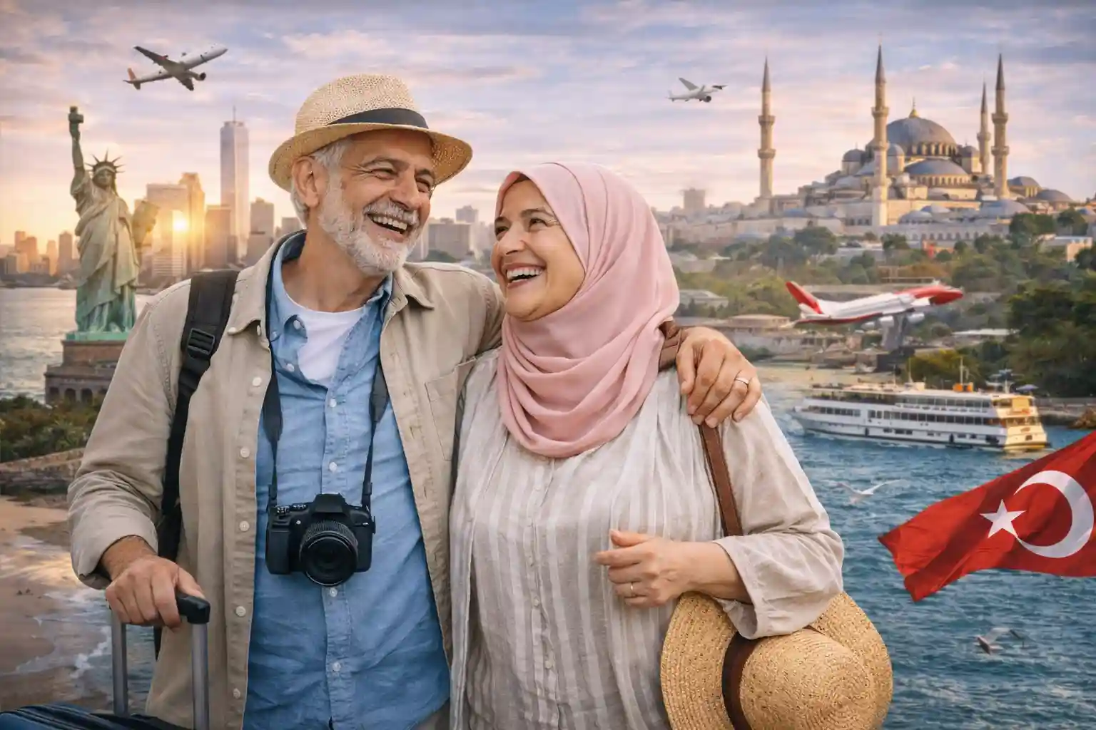 Couple de retraités marocains profitant de leurs vacances en Europe couverts par une assurance voyage senior