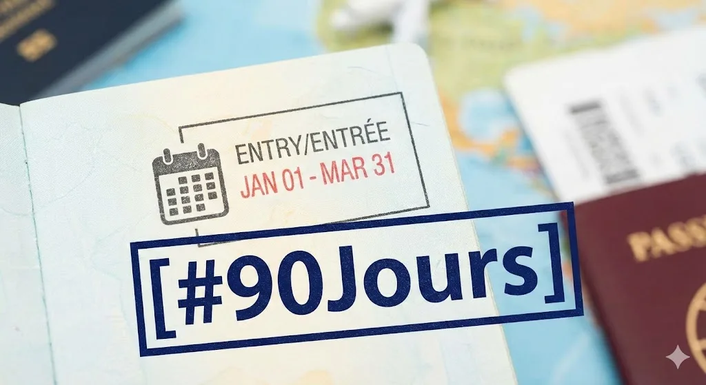 Passeport ouvert montrant un tampon d'entrée avec une durée limitée et une étiquette bleue marquée du hashtag [#90Jours], illustrant la limite de séjour.
