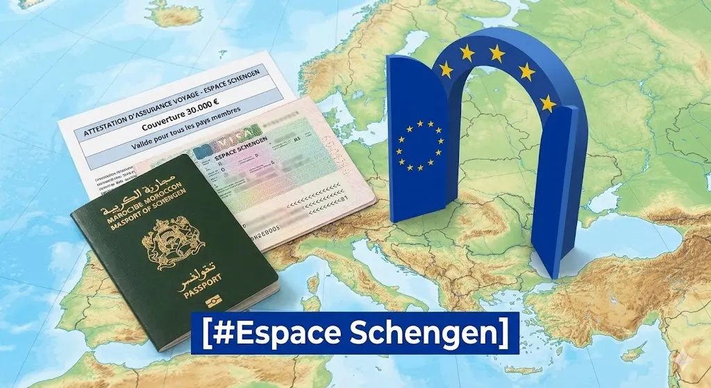 Passeport marocain ouvert sur un visa, à côté d'une attestation d'assurance voyage "Espace Schengen" couvrant 30 000 €, le tout sur une carte d'Europe avec une arche étoilée, sous l'étiquette [#Espace Schengen].