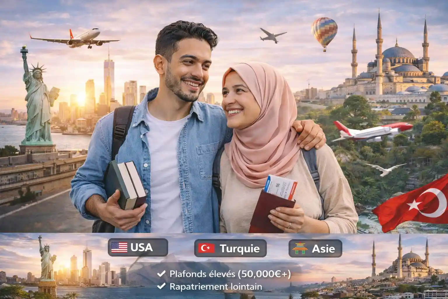 Voyageur marocain serein devant une skyline internationale (New York ou Istanbul), consultant son smartphone, protégé par une Assurance Voyage Monde complète.