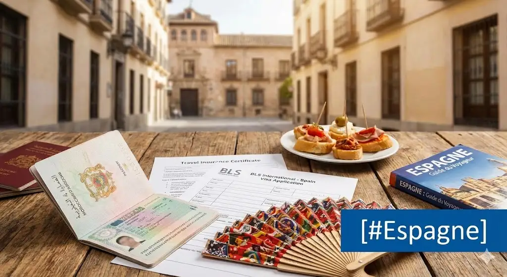 Carte de l'Espagne ornée du drapeau national, de la Sagrada Familia et d'une danseuse de flamenco, avec un passeport et un contrat d'assurance santé au premier plan, sous l'étiquette [#Espagne].