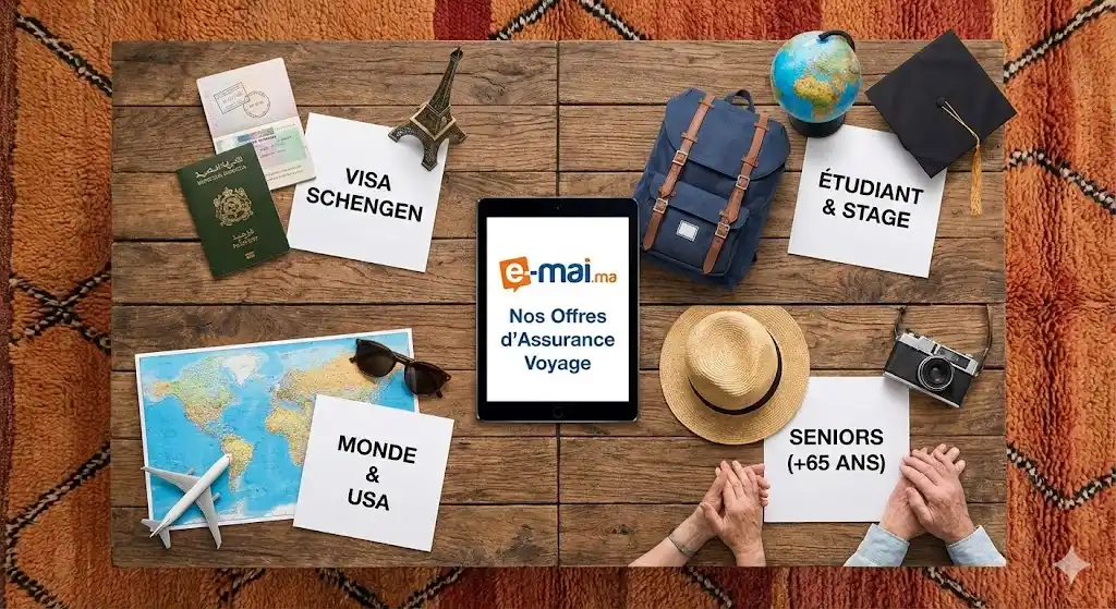 Composition photographique à plat sur une table en bois présentant les quatre offres d'assurance voyage e-mai.ma : Visa Schengen (passeport), Étudiant (sac à dos), Monde & USA (carte) et Seniors (mains âgées), entourant une tablette centrale avec le logo de la marque.