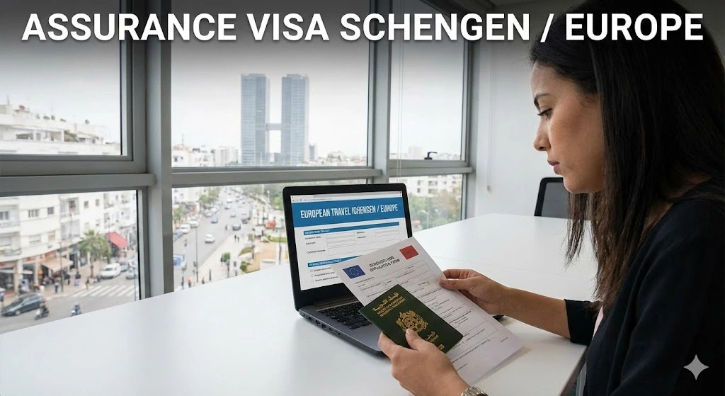Femme marocaine dans un bureau à Casablanca, préparant sa demande de visa avec son passeport et une attestation d'assurance visa Schengen Maroc sur l'écran.